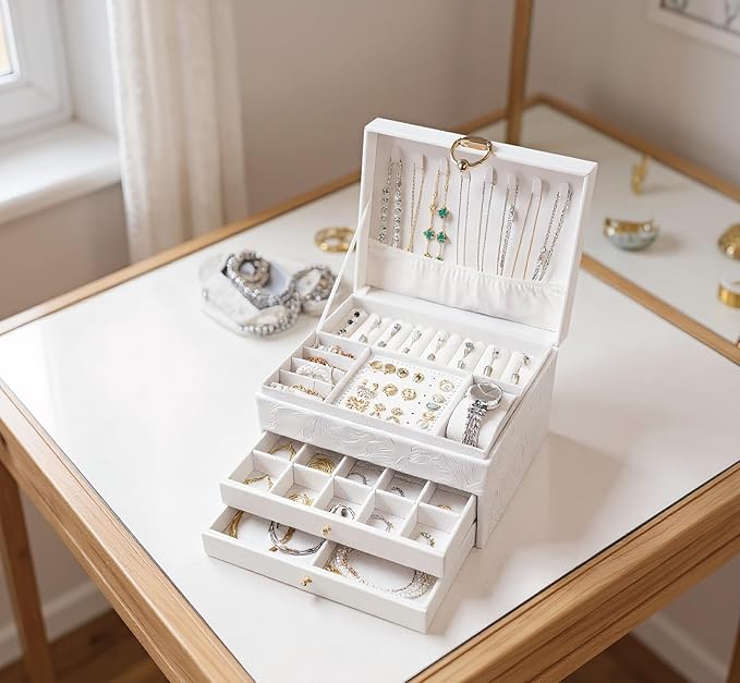 TOFUNTOY Jewelry Organizer Box, Large Jewelry Boxes for Women, 3-Layer Jewelry Holder Organizer for Necklace Earrings Rings Bracelets Storage, Gift for Her Mom