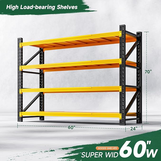 Letaya 4000LBS Heavy Duty Storage Shelves,70" H Metal Garage Shelving Units,4 Tier Large Tall Industrial Shelving,Adjustable Utility Rack Shelf for Warehouse,Basement (Yellow, 60" W x 24" D x 70" H)