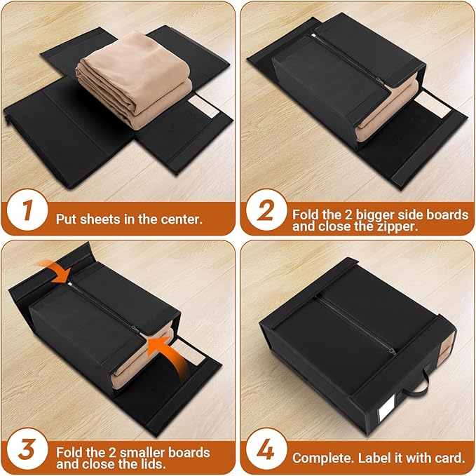 StorageTastic 4 Pack Bed Sheet Closet Organizers and Storage,Sturdy Foldable Storage Containers with Window and Label,Storage and Organization for Bedding Sheets,Duvet Covers,Blankets (Black)