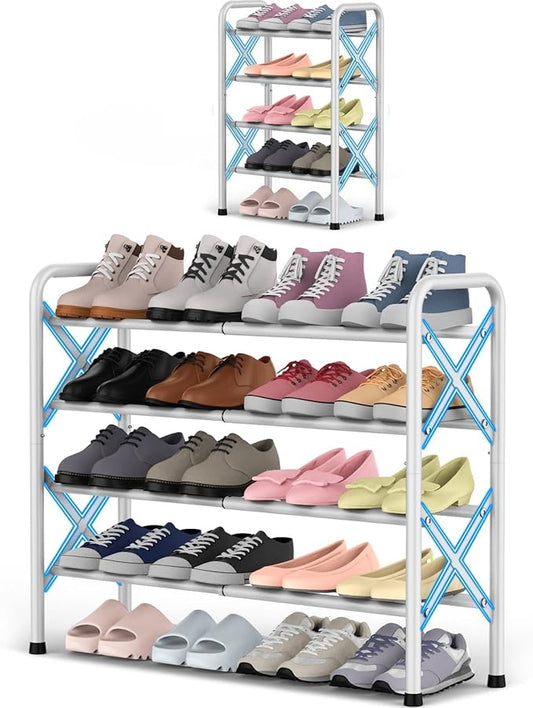 YEASHEIN 4-Tier Expandable Shoe Rack for Closet Floor, X-Frame Metal Small Shoe Rack for Entryway, Adjustable Shoe Shelf Organizer, Free Standing Shoe Racks for Front Door Entrance, Garage - White