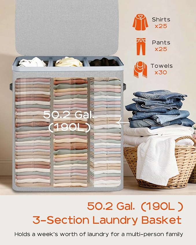 CASAMAYA Laundry Basket with Lid, Laundry Hamper 3 Section, 190L collapsible Laundry Organizer, Easy Assembly, with Handles and Removable Liners, 25.2 x 15.7 x 29.5 Inches, Gray JSP904G