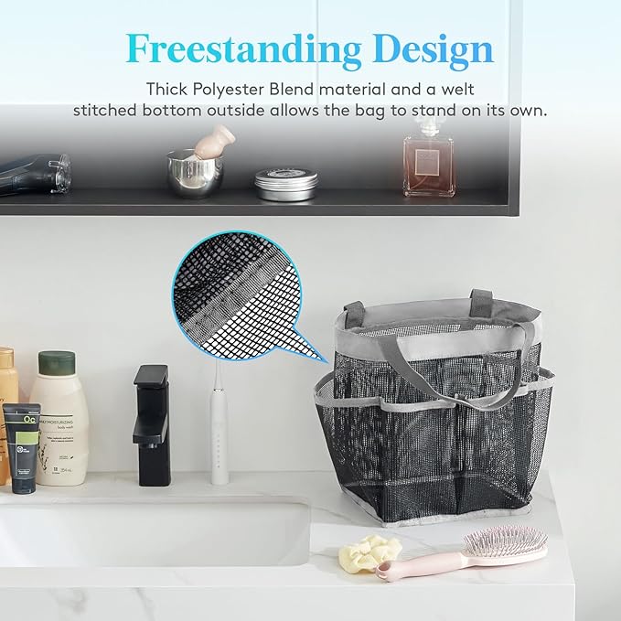 Lifewit Mesh Shower Caddy Portable for College Dorm Room Essentials with 7 Pockets, Freestanding Hanging Organizer Basket, Quick Dry Tote Bag for Camping, Bathroom, Beach, Travel, 1 Pack, Grey
