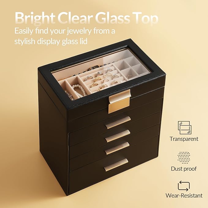 Somduy Jewelry Box, 5 Layers Jewelry Storage Display Box with Glass Lid for Women, 4 Drawers,Large Capacity for Necklace Earrings Bracelets Rings, Black