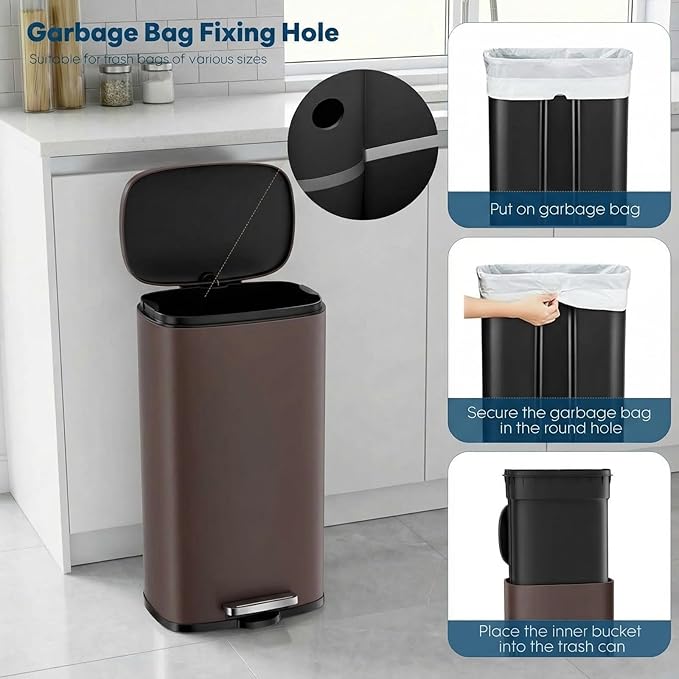 8 Gal Kitchen Trash Can, 30L Recycling or Garbage Bin, Brushed Stainless Steel Waste Basket, Soft&Quiet Close Dustbin, with Step-On Pedal, Removable Inner Bucket, for Home, Office, Living Room