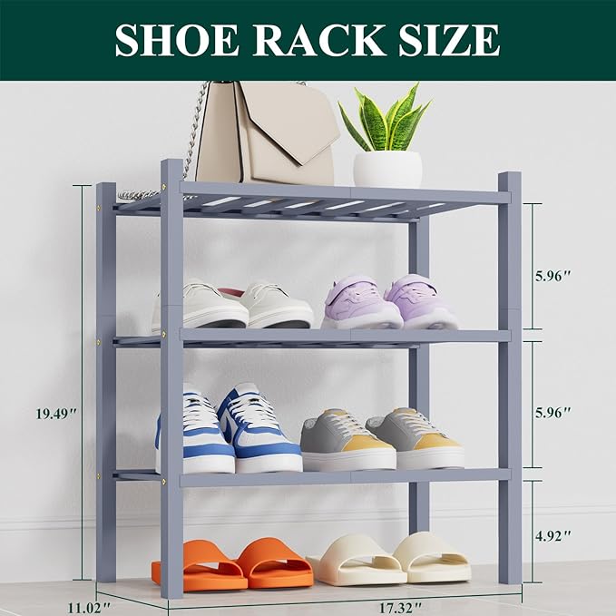 Smiry Shoe Rack, 3 Tier Thick Small Bamboo Shoe Organizer, Stackable Free Standing Wooden Shoe Storage Shelf for Closet, Entryway, Front Door Entrance, Grey