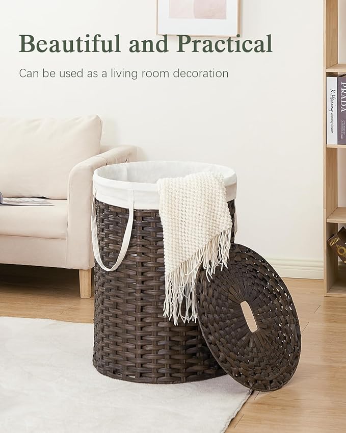 SETVSON Laundry Basket with Lid Round Rattan Laundry Hamper with Lid and Handles 29.1 Gal (110 L) Handwoven Woven Basket with Removable Bags and 2 Mesh Bags for Bathroom Living Room Brown