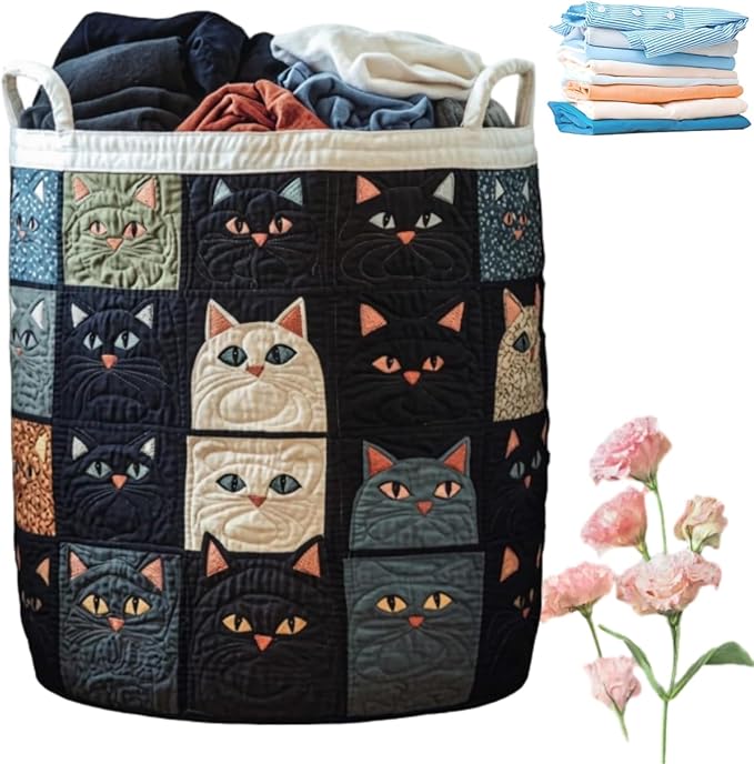 Quilted Laundry Basket with Handles, Boho Floral Fabric Storage Hamper, Large Soft Quilted Laundry Basket for Nursery, Bedroom, Laundry Room,Clothes & Toys (R, S)