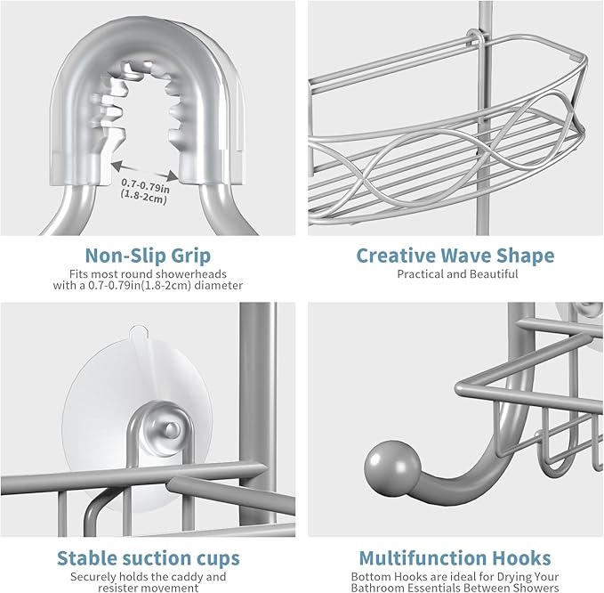 GAOKASE Shower Caddy Hanging 3 Tier with Two Movable Baskets, Grey Shower Caddy with Hooks for Towels, Sponge and More
