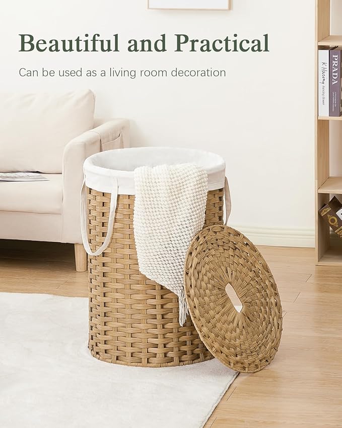 SETVSON Laundry Basket with Lid Round Rattan Laundry Hamper with Lid and Handles 29.1 Gal (110 L) Handwoven Woven Basket with Removable Bags and 2 Mesh Bags for Bathroom Living Room Natural
