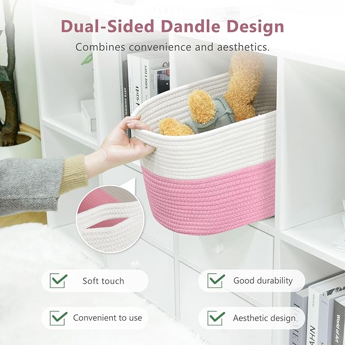 ECDYQXVU Cotton Rope Shelf Storage Basket, 15x10x9 in, Shelf Storage Baskets for Clothes, Towels, Books, Laundry (White/ Pink, 1 Pack)