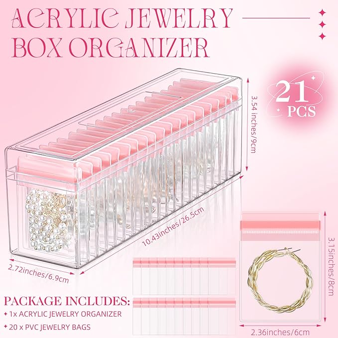 Kenning 21 Pcs Acrylic Jewelry Case Organizer, Clear Jewelry Organizers Holder with Portable Anti Tarnish Storage Bags for Rings, Earrings, Necklaces, Ideal Gifts for Women (Pink)