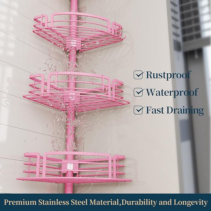 Consumest Corner Shower Caddy Tension Pole - Rustproof Shower Shelves with Towel Bar & Soap Holder, Adjustable Bath Organizer for Bathroom Storage, 27.6-108.3 inch, Pink