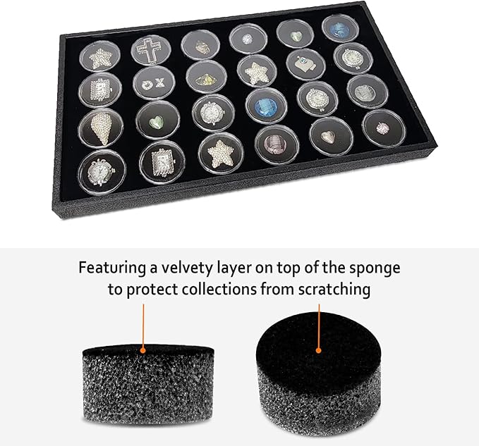 Ikee Design 24 Gem Showcase Stackable Jewelry Display Tray for Collectibles, Rock Storage Box Gemstones Bead Storage Jars, Black Foam, Black Tray, 14 7/8W x 8 3/8D x 1H in