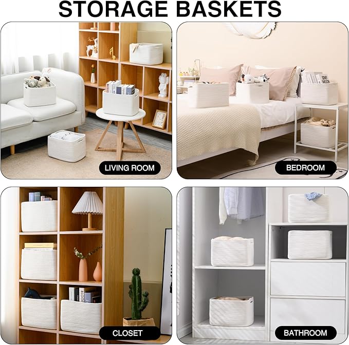 ICERZCZ Storage Baskets for Organizing, Woven Basket for Storage, Storage Baskets Bin for Shelves, Cotton Rope Basket with Handles, 12.5"Lx9.1"Wx7.9"H, (4 Packs) Off White