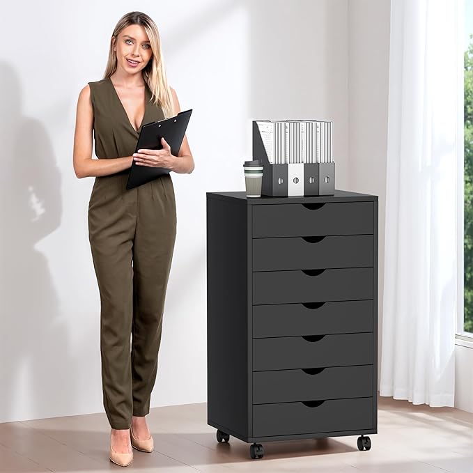 7 Drawer Mobile File Cabinet Under Desk Storage Organization with Wheels Vertical Filing Chest Rolling Wood Small Desk Printer Stand for Home, Black