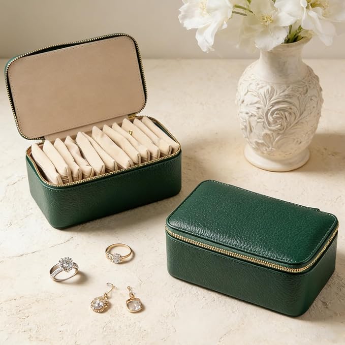 Travel Jewelry Organizer, Travel Jewelry Box with 12 Velvet Zipped Pouches Bags for Jewelries Necklaces Rings Earrings Sorting Storage for Women Girl Gifts, Mint Green