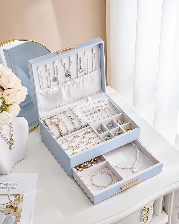 Lolalet 2-Layer Jewelry Box Organizer for Women Girls, Jewelry Storage Case Holder with Drawers for Necklaces Ring Earrings Bracelet Watch, Gifts Choice for Mom Mother’s Day -Blue