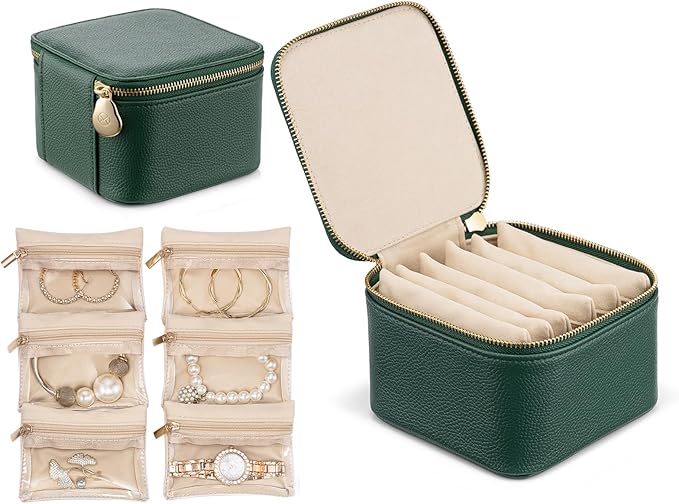 VLANDO Travel Jewelry Box Organizer – Portable PU Leather Jewelry Case with 6/8/12 Zippered Pouches, Compact Storage for Earrings Rings Necklaces Bracelets, Dark Green