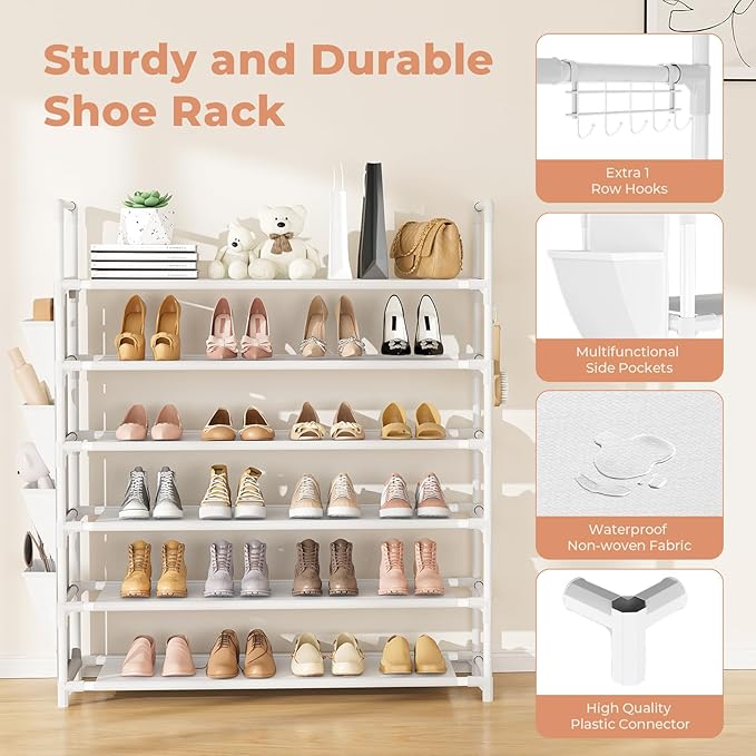 LANTEFUL 6 Tier Shoe Rack Storage for 24-30 Pairs Shoe and Boot, Shoe Organizer with Hook and Side Pocket Free Standing Long Shoe Shelf Tall Shoe Rack Organizer for Closet, Entryway, Dorm, White
