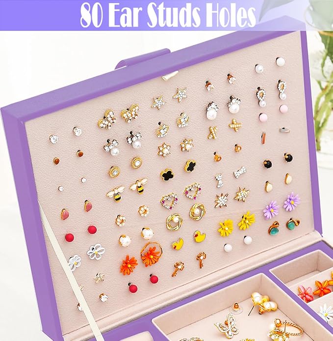 Earrings Jewelry Box for Girls, Large Capacity Jewelry Organizer with 40-Pair Earring Board, 2-Layer Leather Jewelry Storage Box for Necklaces Rings Bracelets with Removable Tray(Gift Idea),Purple