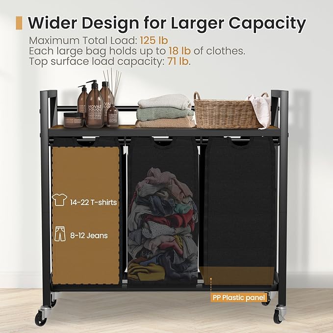 SwaaVee Laundry Hamper, Laundry Basket, Laundry Sorter with 3 Removable Bags, Clothes Basket with 3 Compartments, Wheels, Shelf for Laundry Room Bathroom Bedroom (3 Bags-Black)