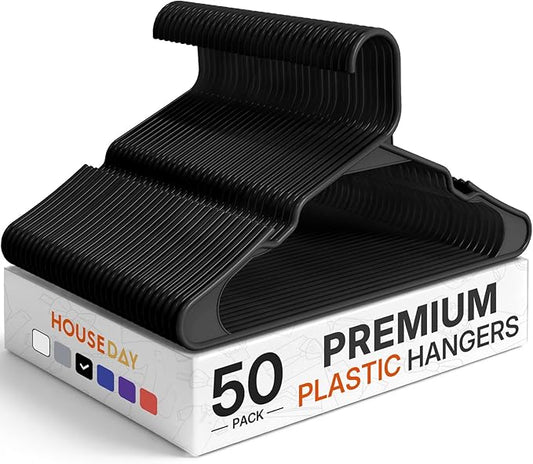 HOUSE DAY Plastic Hangers 50 Pack - Black Clothes Hangers with Non-Slip Shoulder Grooves, Durable and Sturdy Coat Hanger, Space Saving Slim Design Perfect for Closet Organizers and Storage