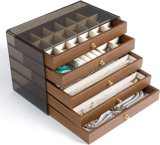 CLUQMEIK 5 Layer Large Wooden Jewelry Box with Acrylic Lid and Wooden Drawers, Stackable Jewelry Organizers and Storage Box for Women and Girls to Storing Rings Earrings Necklaces Bracelets