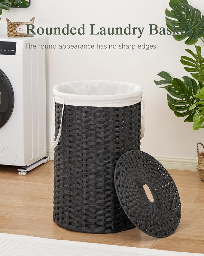 SETVSON Large Laundry Hamper Laundry Basket Round 34.3 Gal (130 L) Handwoven Wicker Laundry Baskets Rattan Laundry Basket with Laundry Bag Handles 2 Mesh Bags for Living Room Bedroom Black