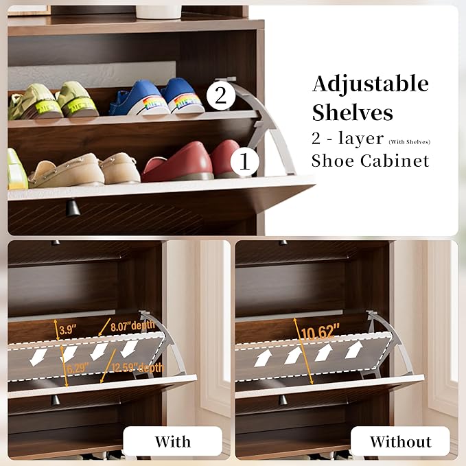 Fsbecl Shoe Cabinet for Entryway with 2 Flip Drawers & Coat Rack, Narrow Hidden Shoe Storage Cabinet with Fluted Panel, 2-in-1 Hall Tree Slim Freestanding Shoe Rack Organizer for Hallway, Walnut
