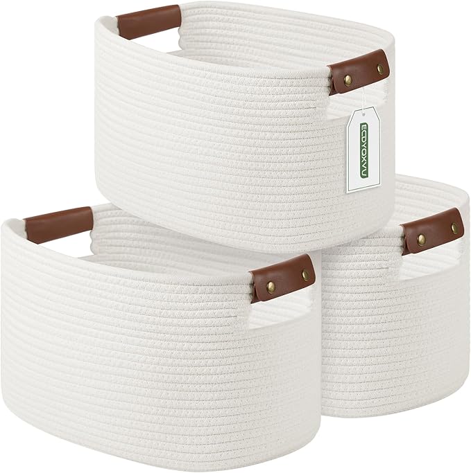ECDYQXVU Cotton Rope Basket, Storage Baskets with Handle, 15x10x9 Inch Woven Basket for Shelves, Laundry, Towels, Clothes, Books (White 3Pack)