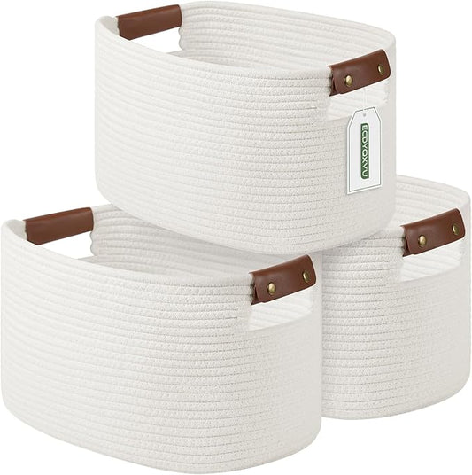 ECDYQXVU Cotton Rope Basket, Storage Baskets with Handle, 15x10x9 Inch Woven Basket for Shelves, Laundry, Towels, Clothes, Books (White 3Pack)