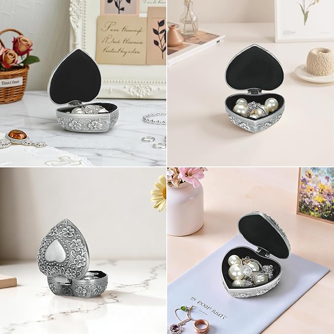 Vintage Metal Jewelry Gift Box, Small Heart Shape Trinket Storage Organizer Case for Ring/Earrings/Necklace/rosary, Keepsake Treasure Holder Box for Bedside Dresser Decorative (Style 1)