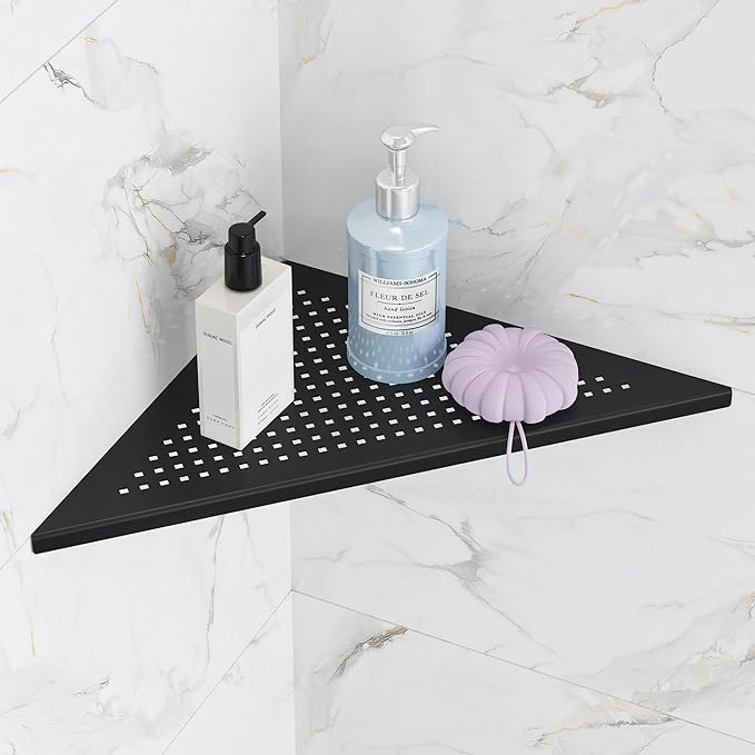 Qeke Bathroom Corner Shelf, Recessed 12" Shower Shelf Caddy, SUS304 Stainless Steel Shelf Wall Mount Triangular, No Drilling, Matte Black
