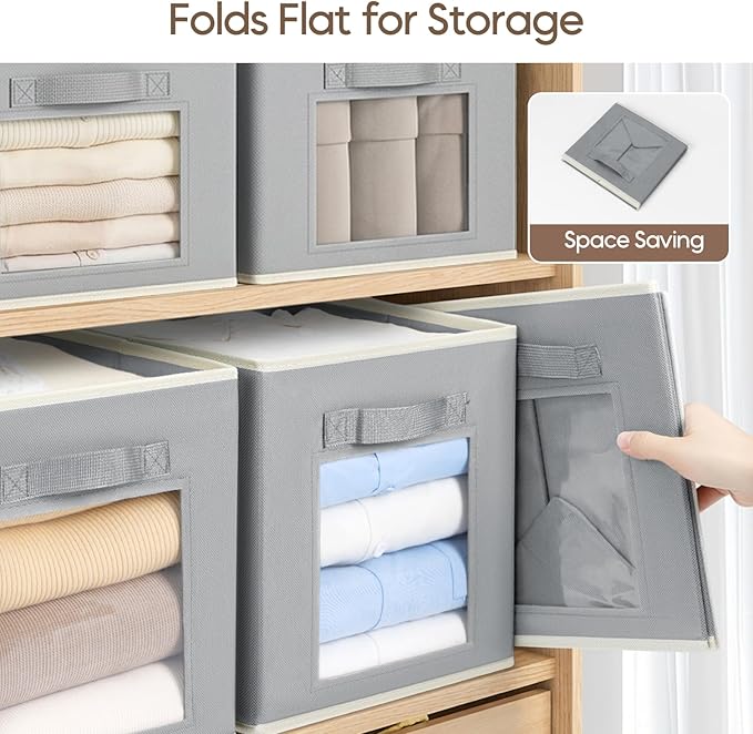 Homsorout Foldable Storage Cubes - Cubby Storage Organizer with Window, Decorative Baskets for Organizing, Fabric Bins for Clothes Storage, Closet Storage Cubes 11inch, Set of 12, Grey