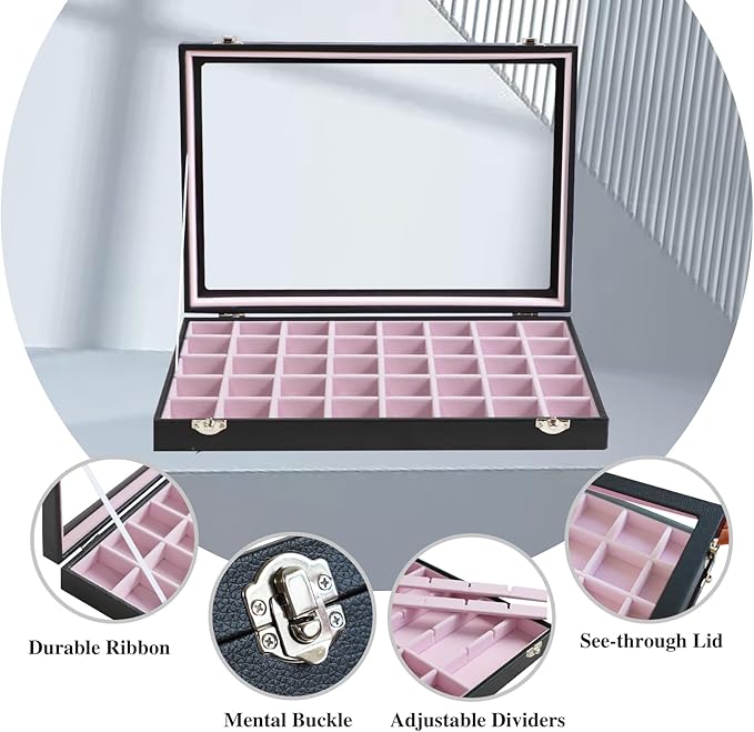 Stratalife Jewelry Organizer 40 Grid Pink Black Jewelry Tray with Clear Dust-proof Lid Velvet Earring Organizer Necklace Rings Holder Display Drawer Storage Case for Women