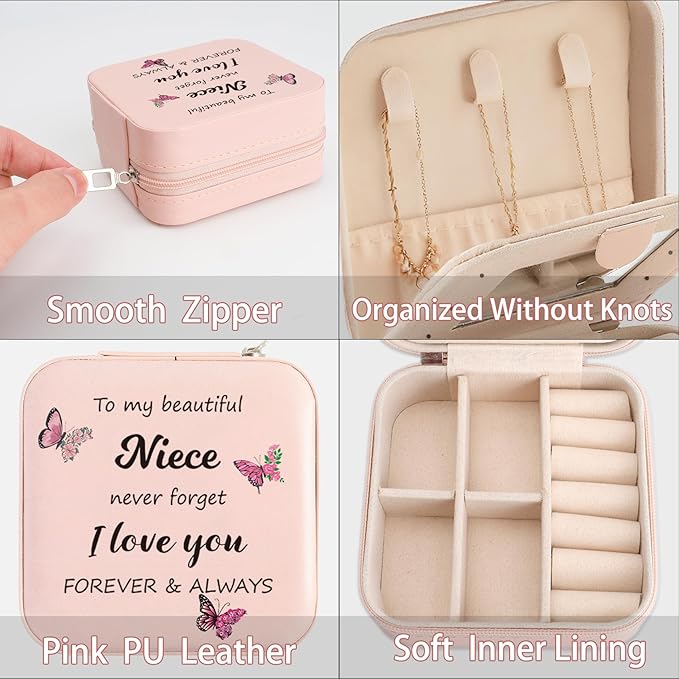 Niece Gifts Pink Butterfly Jewelry Box for Nieces Birthday Gifts Christmas Valentines Mothers Day Gift for Nieces from Aunt Uncle Niece Graduation Gift Portable Travel Jewelry Display Case