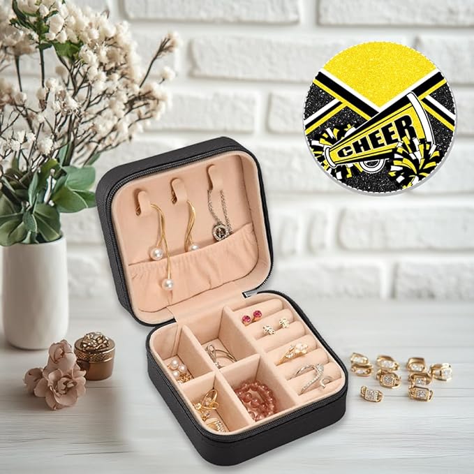 Cheerleader Travel Jewelry Case, Cheer Travel Jewelry Box for Women, Mini Jewelry Travel Case for Cheer Team, Cheerleader Gifts for Girls (Gold)