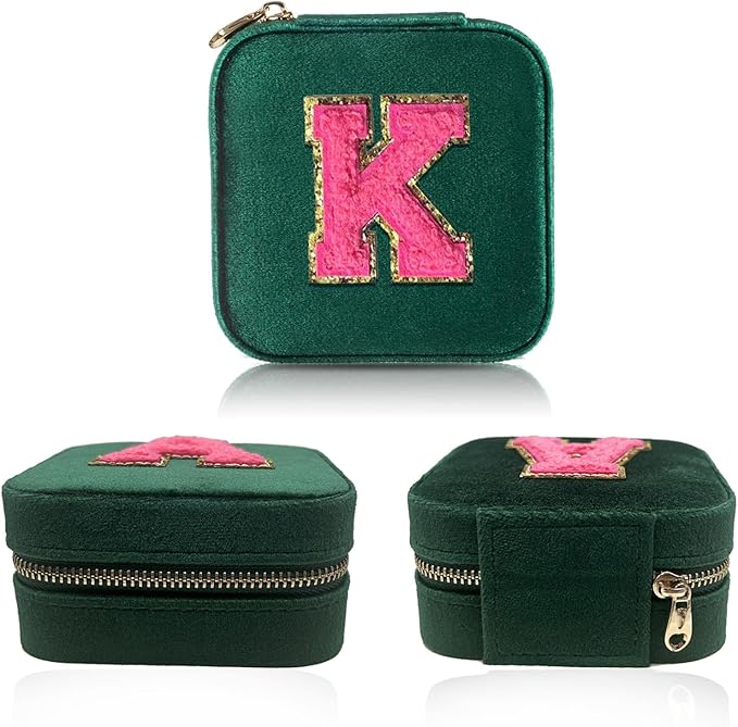 Personalized Velvet Travel Jewelry Case Box For Women Ring Necklace Earring Holder Organizer with Mirror Green Girls Box Birthday Gifts Mom Initial K