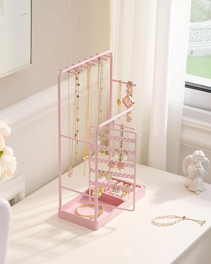 ProCase Jewelry Stand Holder Organizer, Jewelry Display Storage with Ring Tray, Rotating Earring Bracelet Necklace Holder, Valentine's Gifts Room Dorm Decor for Teen Girls -Pink (No-Assembly)