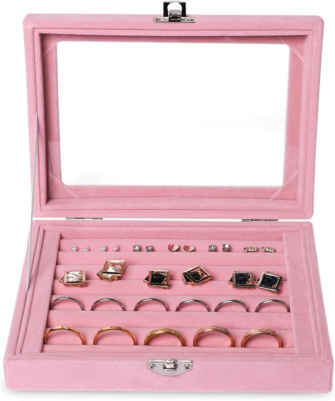 Frebeauty Rings/Earring Organizer Tray with Clear Lid,7 Slots Ring Box Velvet Ring Holder Drawer Insert Jewelry Storage Box Jewelry Display Case Jewelry Box Gift for Women and Girls(Pink,7 Slots)