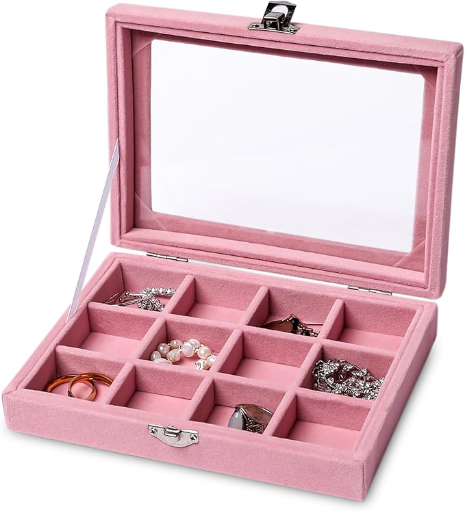 Frebeauty Jewelry Organizer Tray with Clear Lid,12 Grid Velvet Drawer Insert Jewelry Storage Box with Transparent lid Jewelry Display Case Store Showcase Jewelry Box Gift for Women(Pink,12 Grid)