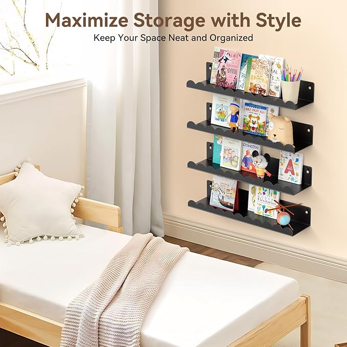 Nursery Book Shelves, 17 Inch Metal Floating Shelves for Wall 4 Pack, Scalloped Shelves, Wall Mounted Book Shelf for Kids Bedroom, Baby Room, Nursery Decor （Black）