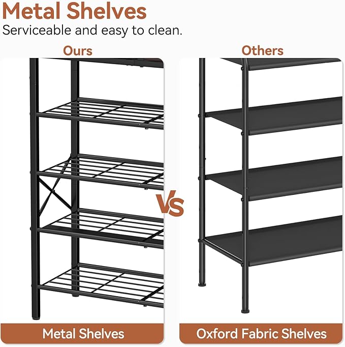 Shoe Rack for Entryway, 5 Tier Shoe Organizer with 2 Non-Woven Drawers, Metal Storage Shoe Shelf for 16-20 Pairs of Shoes, with Wooden Top and Steel Frame, Shoe Stand for Closet Dark Brown