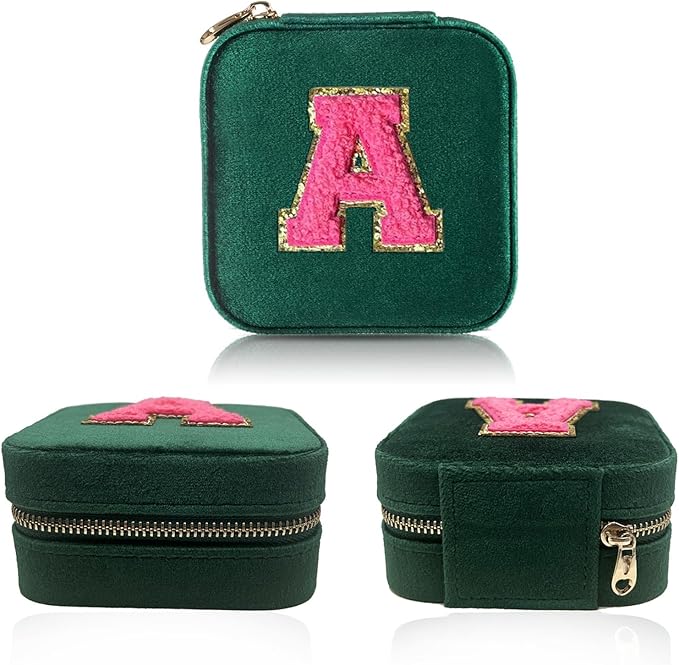 Velvet Travel Jewelry Case Box for Women, Ring Necklace Earring Jewelrys Holder Organizer with Mirror, Green Jewelryes Case for Girls Jewelries Box,Birthday Gifts for Mom Initial A
