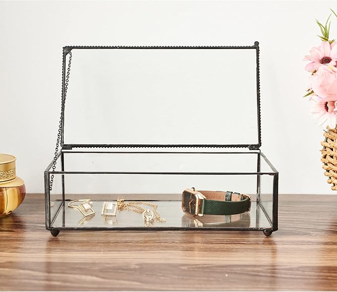 Vintage Glass Jewelry Box Keepsake Box with Hinged Lid, Great for Storage Trinket/Jewelry/Card/Photo, Black Decorative Box for Dresser-15612EX