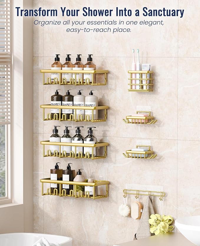 8 Pack Adhesive Rustproof Shower Shelves with Soap Dishes, Toothbrush Holder & Hooks, Large Capacity No-Drilling Shower Shelves Rack for Bathroom Organizers and Storage Accessories, Gold