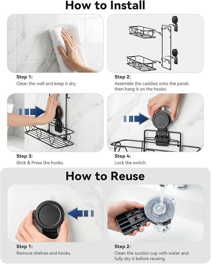 JOTPE Shower Caddy Suction Cup, No Drilling Shower Shelves Hold Up to 40 lbs, Large Capacity Double Layer Bathroom Organizer and Storage with Hooks, Rustproof & Removable Bathroom Shelf, Black