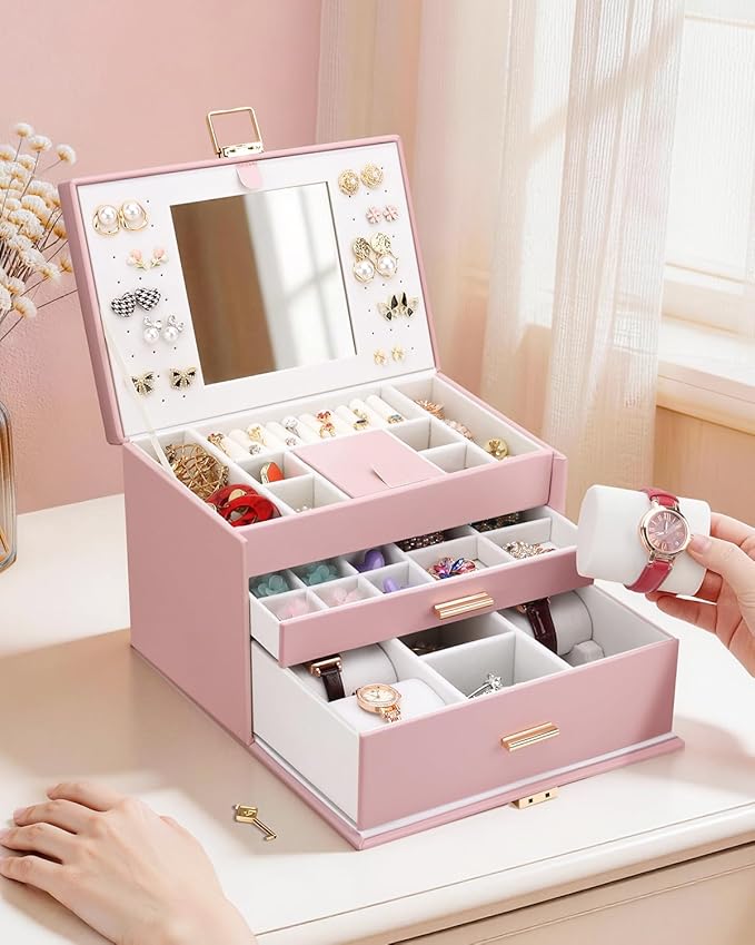 DesignSter Jewelry Box for Women Girl, 3-layer Lockable Jewelry Organizer with Mirror, Large Leather Jewelry Case for Earring Necklace Ring Bracelet Watch