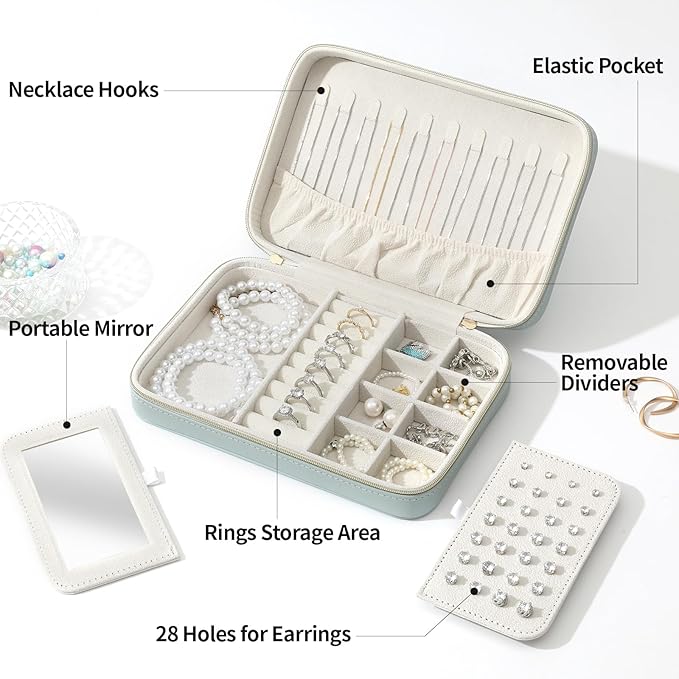 Genuine Leather Travel Jewelry Organizer Case Box with Mirror for Women, Small Mini Portable Jewelry Box for Ring Earrings Necklace Bracelet Luxury Gift for Women（Light Blue）