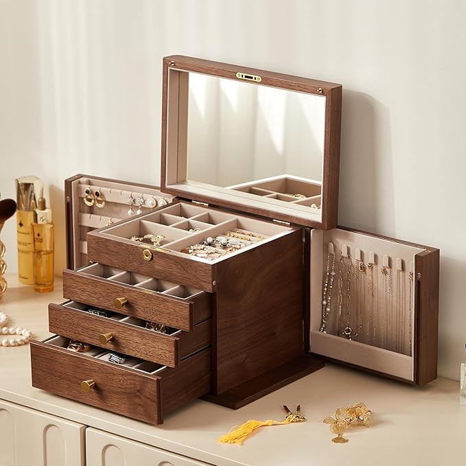 Black Walnut Wooden Jewelry Box, Wood Jewelry Organizer with 2 Side Doors Mirror Lockable Classical Style for Watch Necklace Ring Earring Storage Mothers Day Gifts for Mom-4 Layer